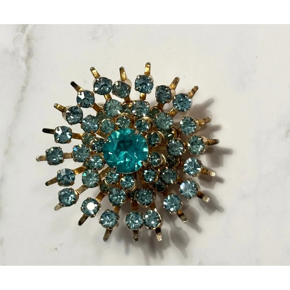 Vintage Coro Blue Rhinestone Starburst Brooch Gold Tone Sunburst Pin Teal Aqua